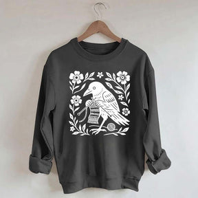 Crow Knitting Linocut Style Bird Sweatshirt
