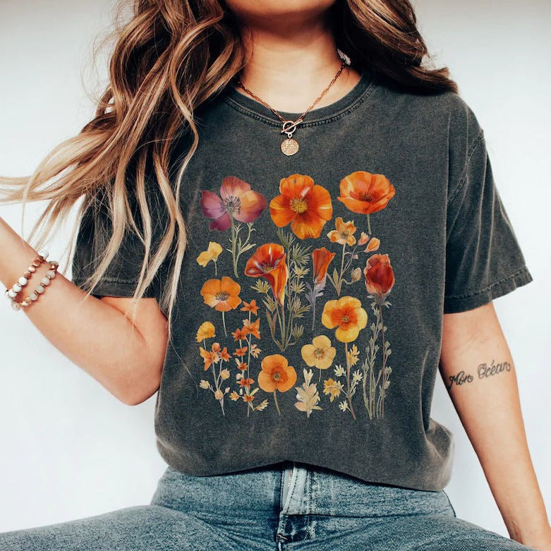 Orange Pressed Wildflowers Boho Flower Sweatshirt