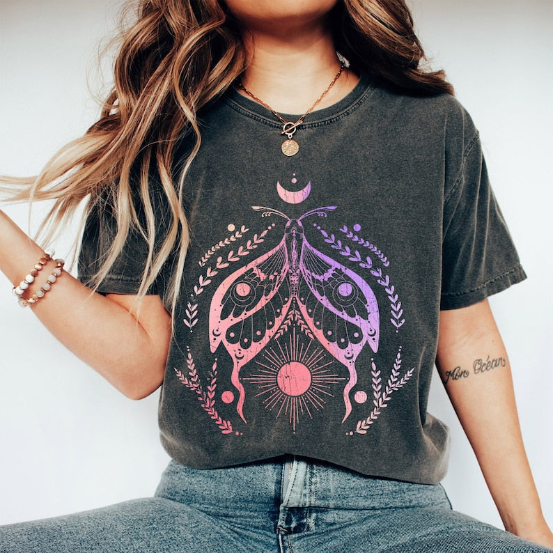 Celestial Moth Sun And Moon Abstract Vintage Tshirt