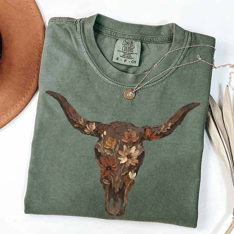 Brushstroke Floral Western Cow Skull T-Shirt