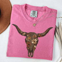 Brushstroke Floral Western Cow Skull T-Shirt