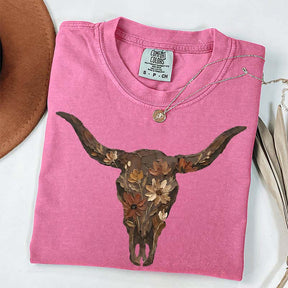 Brushstroke Floral Western Cow Skull T-Shirt