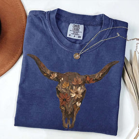 Brushstroke Floral Western Cow Skull T-Shirt