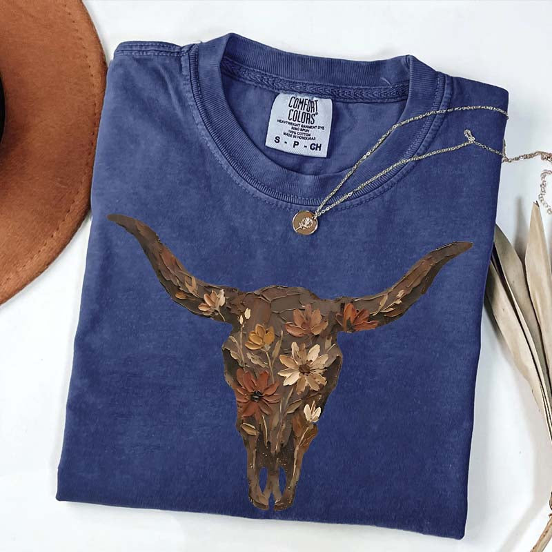 Brushstroke Floral Western Cow Skull T-Shirt