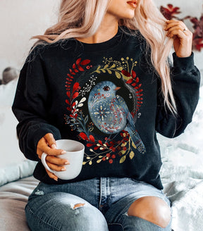 Folk Art Bird Sweatshirt Nordic Botanical Sweatshirt