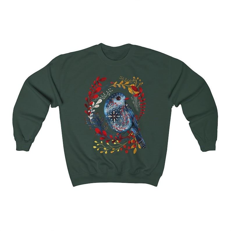 Folk Art Bird Sweatshirt Nordic Botanical Sweatshirt