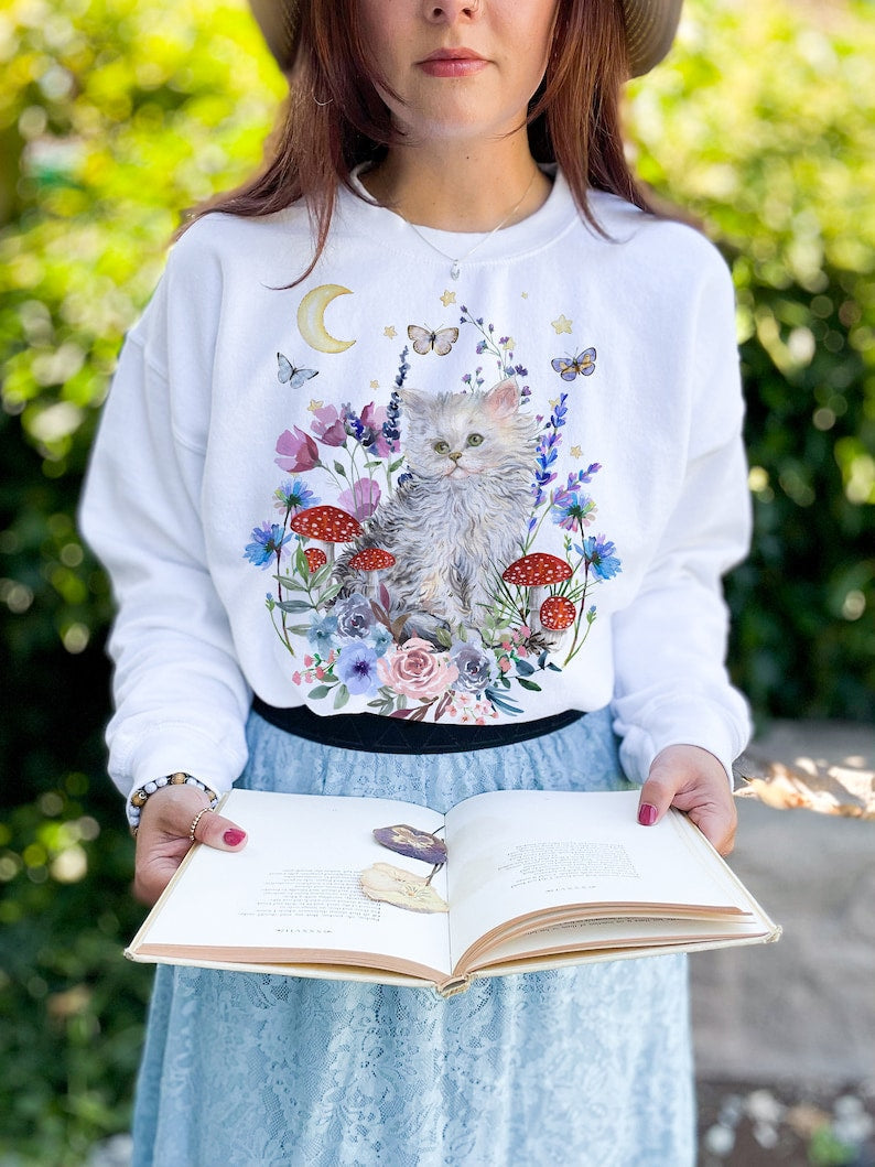 Vintage Cat Sweater Cottagecore Floral Aesthetic Sweatshirt