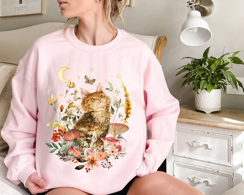 Vintage Cat  Floral Aesthetic Crewneck Sweatshirt