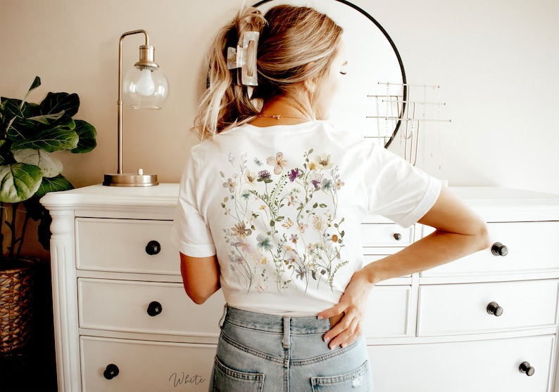 Pressed Flowers Back Print T-shirt Garden Lover Gift