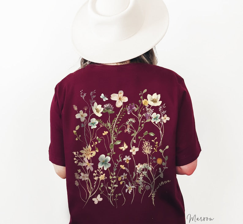 Pressed Flowers Back Print T-shirt Garden Lover Gift