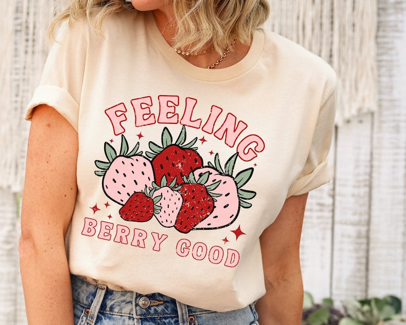 Feeling Berry Good Strawberry Print Retro Shirt