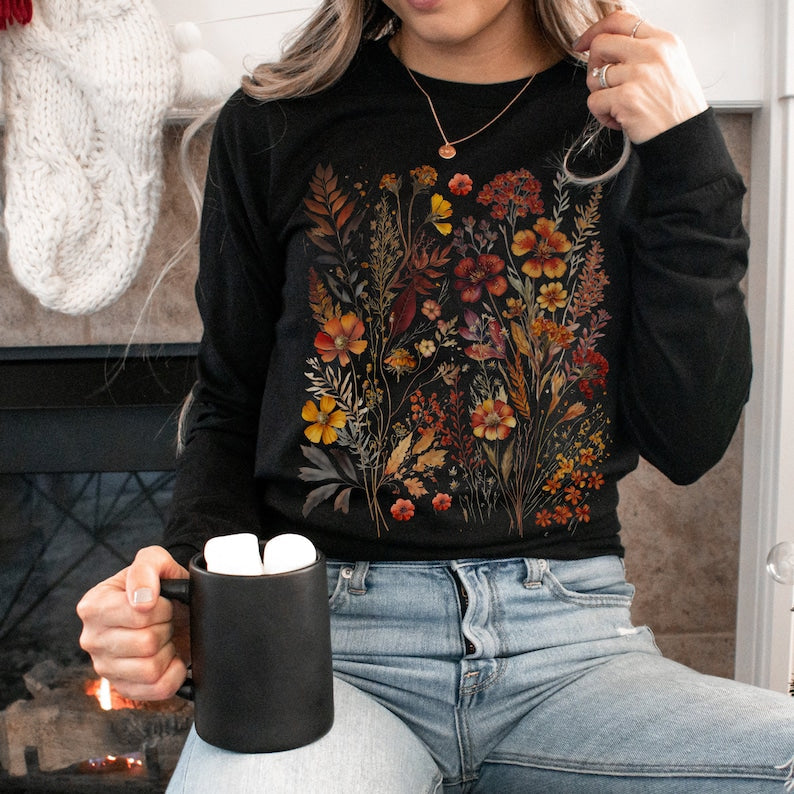 Boho Vintage Floral Sweater Cottagecore Pressed Flowers Long Sleeved T-shirt