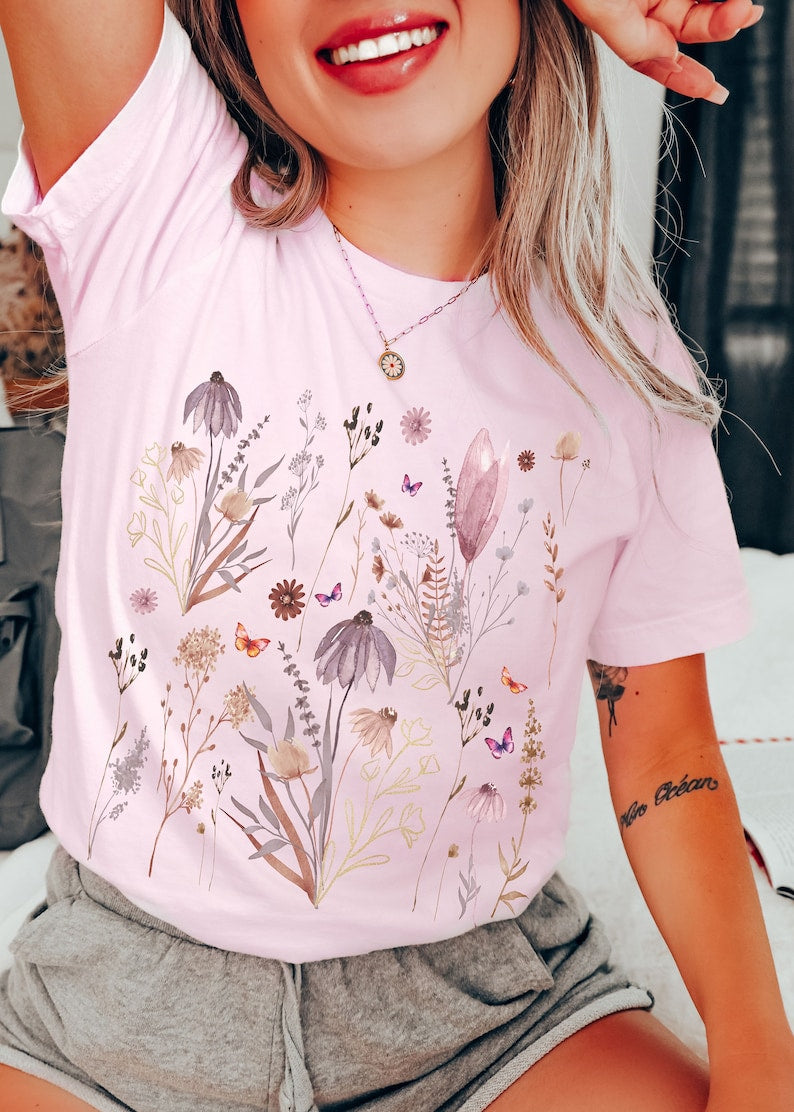 Retro Pressed Flowers Shirt GIft For Her