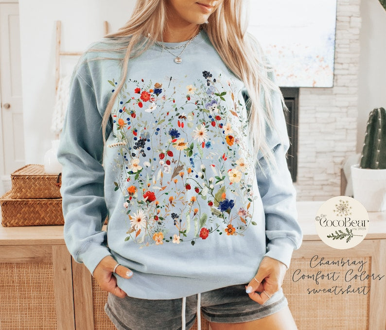 Vintage Pressed Flowers Comfort Colors  Wildflowers Sweatshirt