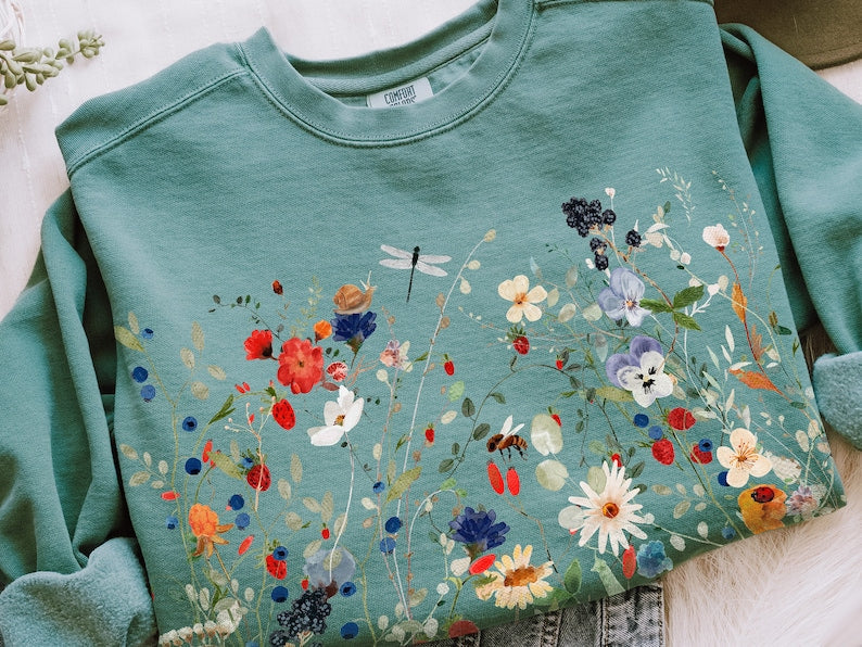 Vintage Pressed Flowers Comfort Colors  Wildflowers Sweatshirt