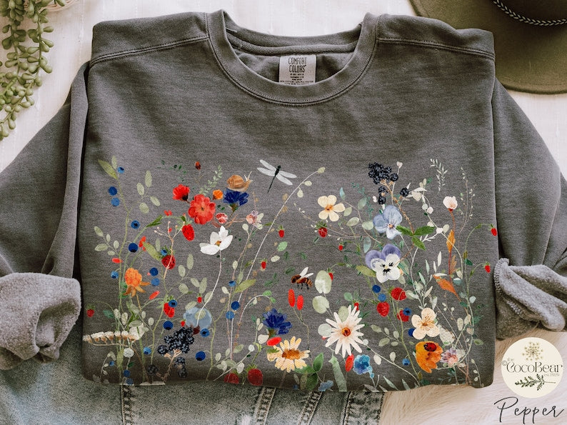 Vintage Pressed Flowers Comfort Colors  Wildflowers Sweatshirt