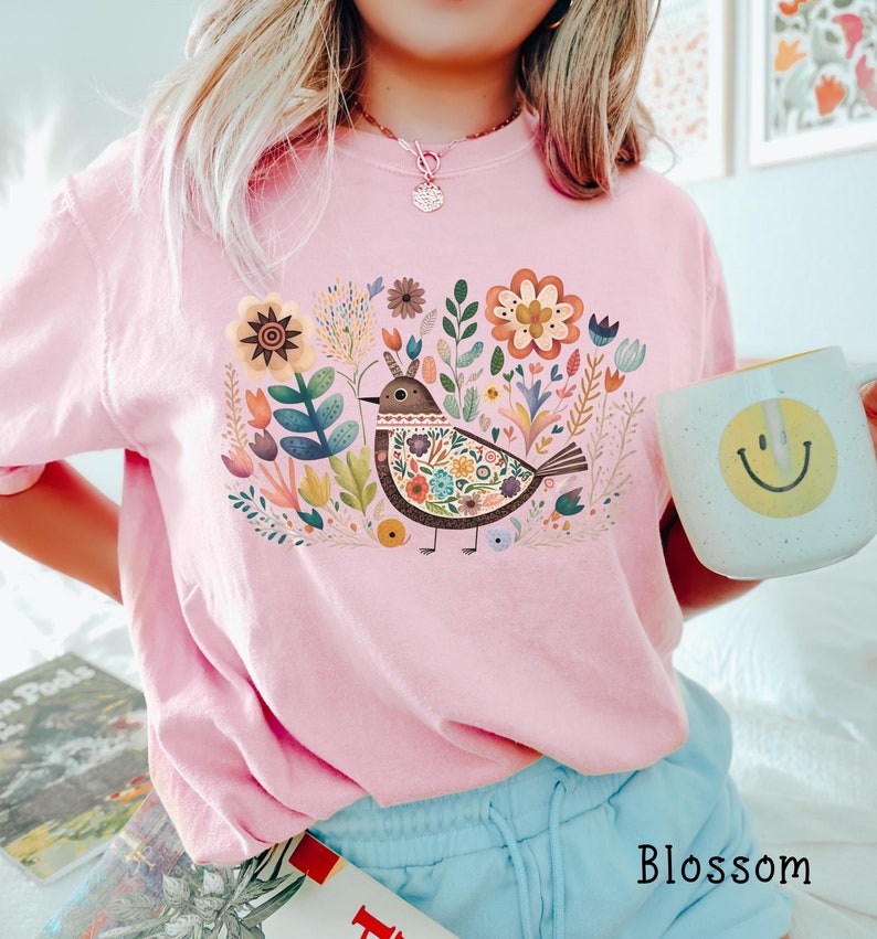 Boho Folk Art Bird Shirt Bird and Flowers Shirt