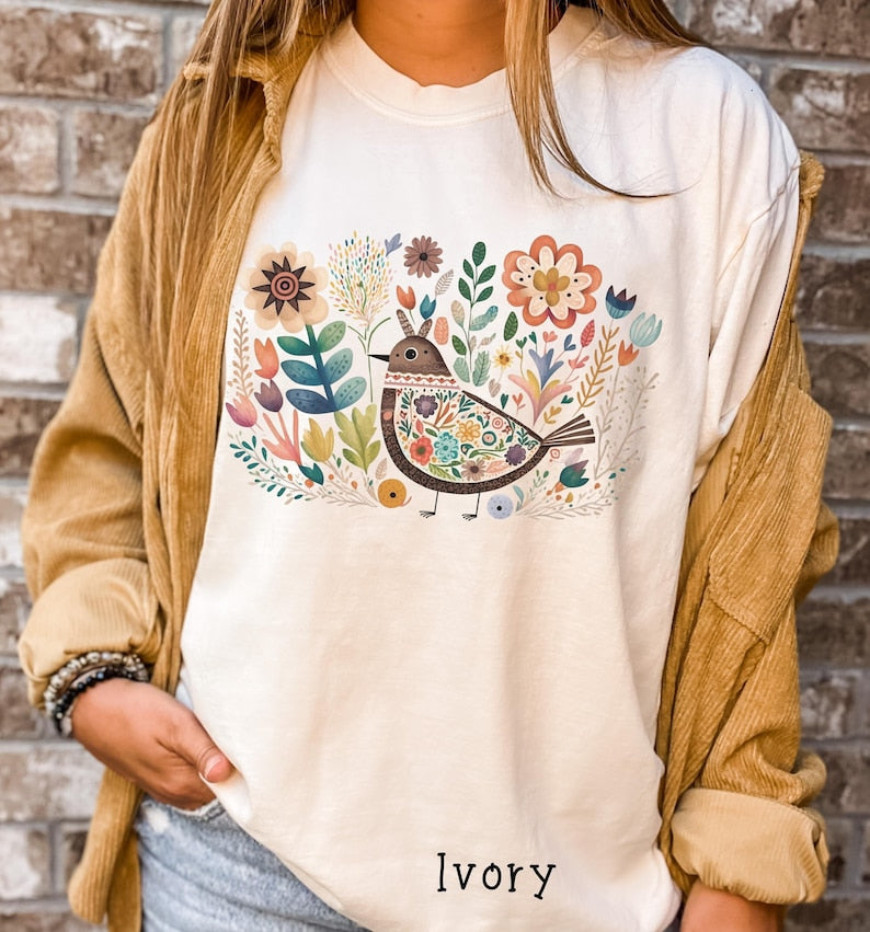 Boho Folk Art Bird Shirt Bird and Flowers Shirt