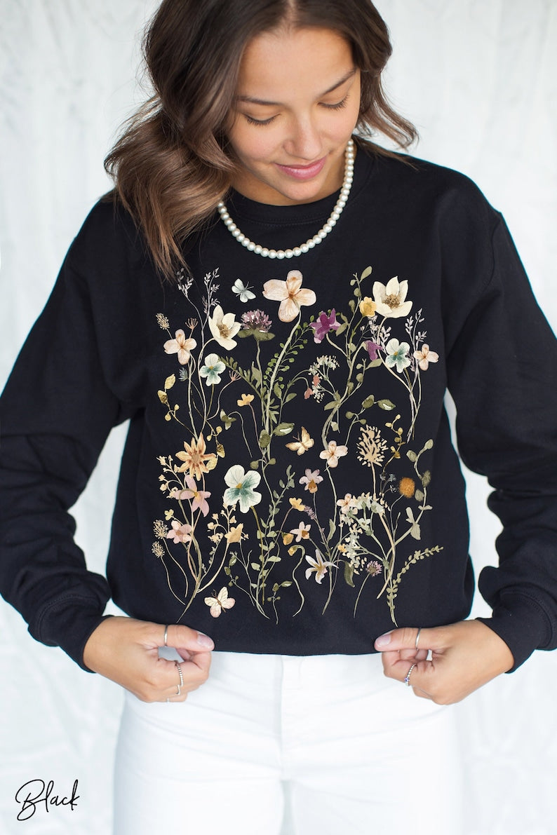 Vintage Pressed Flowers Sweatshirt Oversized Wildflowers Sweatshirt