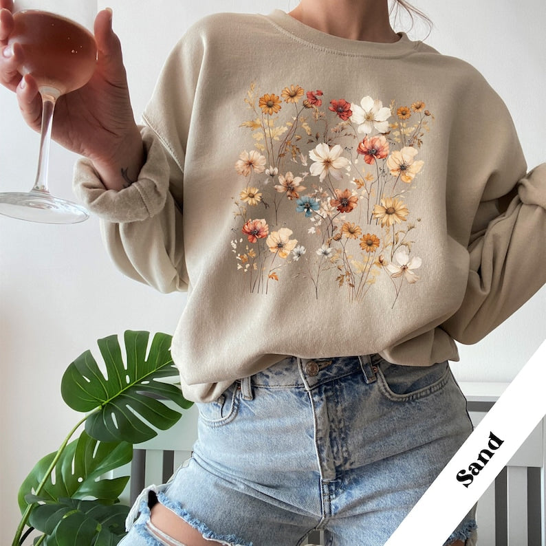 Vintage Pressed Flowers Sweatshirt Oversized Wildflowers Sweatshirt