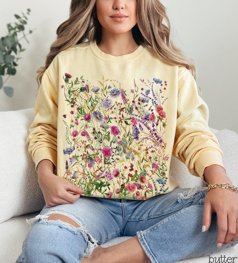 Vintage Pressed Flowers Sweatshirt Wildflowers Sweatshirt