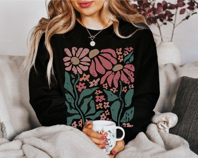 Boho Daisy Flower Sweater Wildflower Sweatshirt