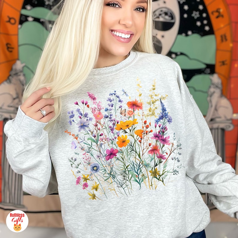 Cute Flowers Sweatshirt  Butterfly Wildflowers Sweater