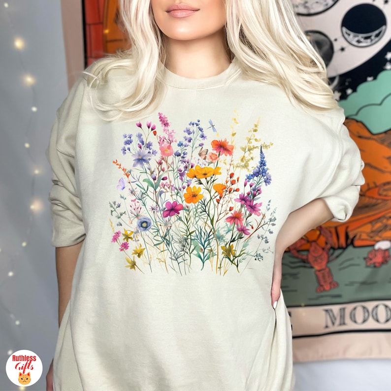 Cute Flowers Sweatshirt  Butterfly Wildflowers Sweater