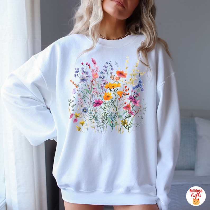 Cute Flowers Sweatshirt  Butterfly Wildflowers Sweater