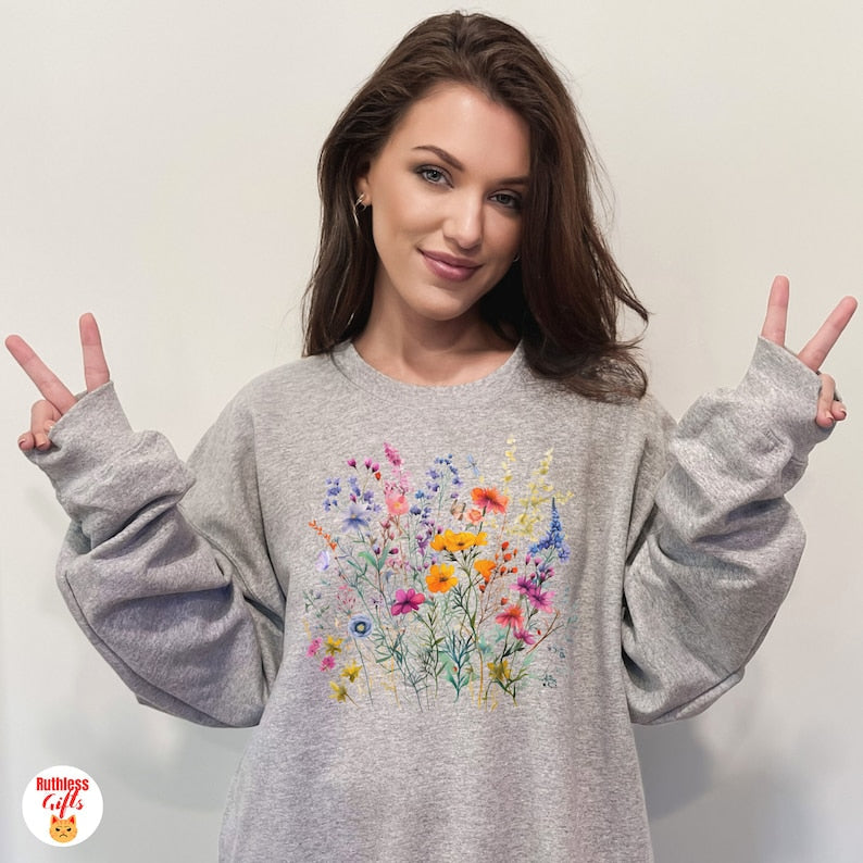 Cute Flowers Sweatshirt  Butterfly Wildflowers Sweater