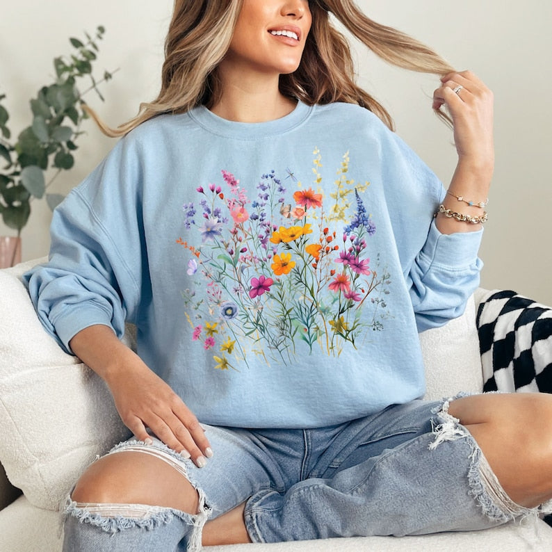 Cute Flowers Sweatshirt  Butterfly Wildflowers Sweater