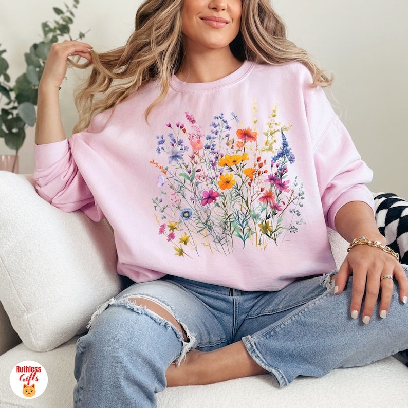 Cute Flowers Sweatshirt  Butterfly Wildflowers Sweater