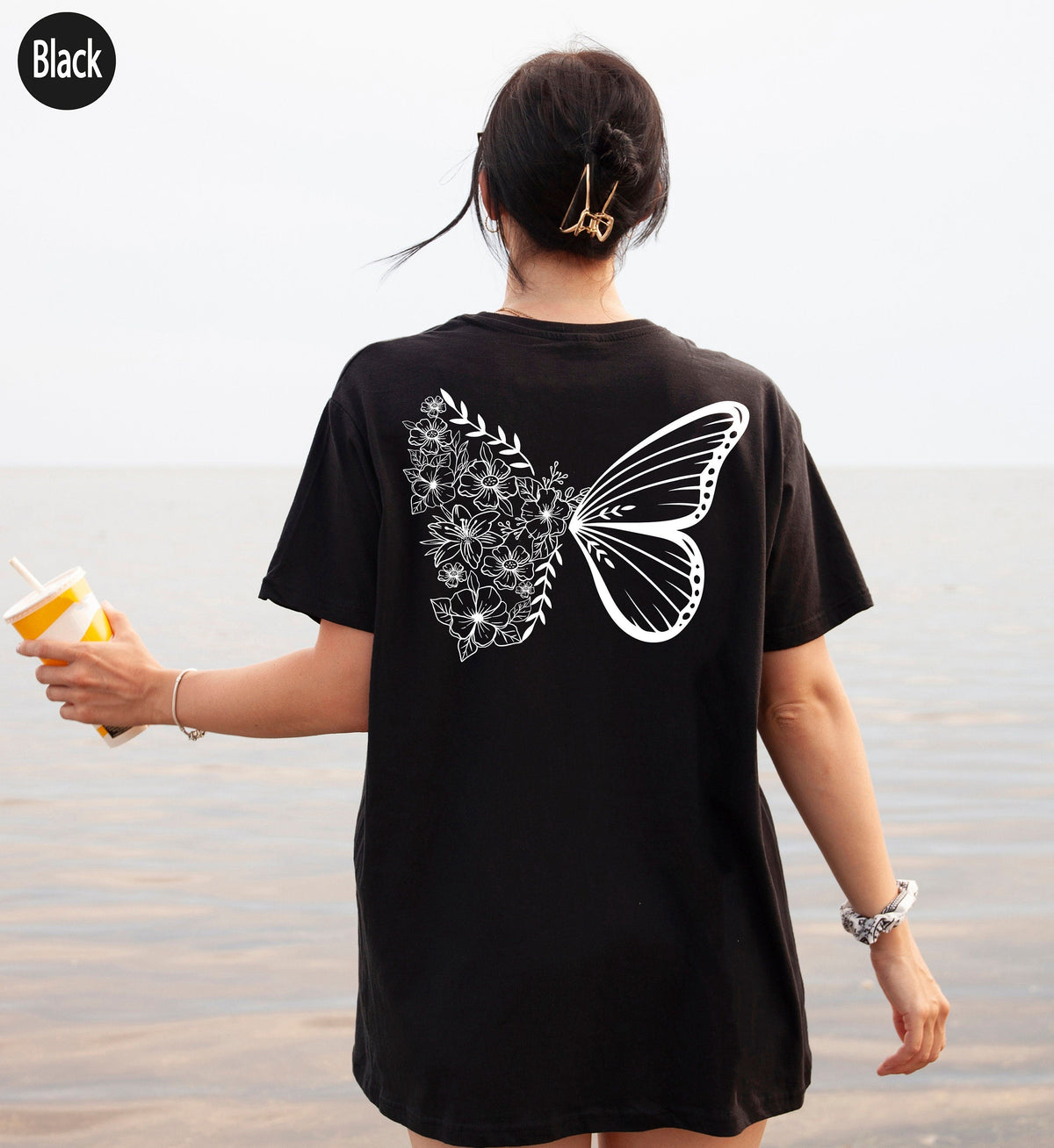 Floral butterfly crew neck comfortable T-shirt