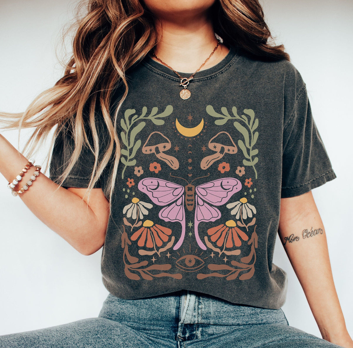 Mystical Moon Green Witch Boho T-Shirt