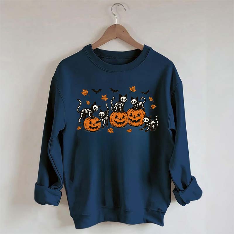 Retro Skeleton Fall Black Cat Pumpkin Sweatshirt