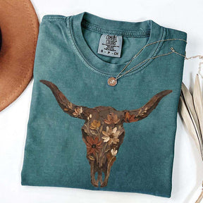 Brushstroke Floral Western Cow Skull T-Shirt