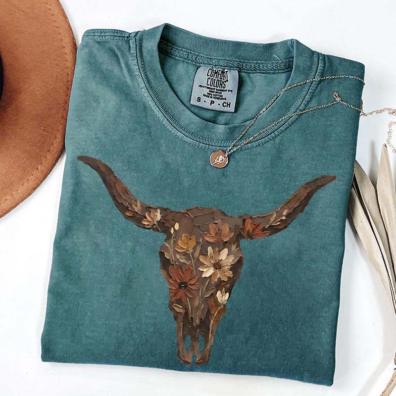Brushstroke Floral Western Cow Skull T-Shirt