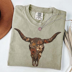 Brushstroke Floral Western Cow Skull T-Shirt