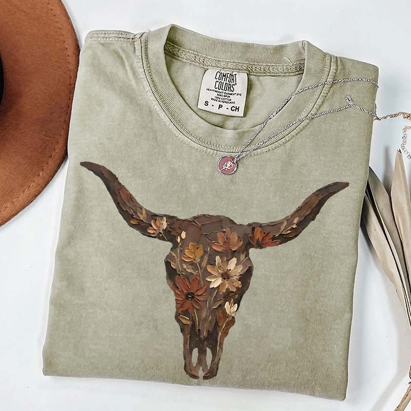 Brushstroke Floral Western Cow Skull T-Shirt