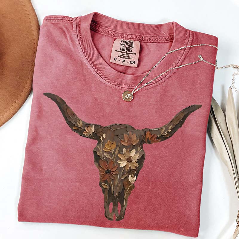 Brushstroke Floral Western Cow Skull T-Shirt