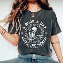 A Book a Day Skeleton Floral T-Shirt