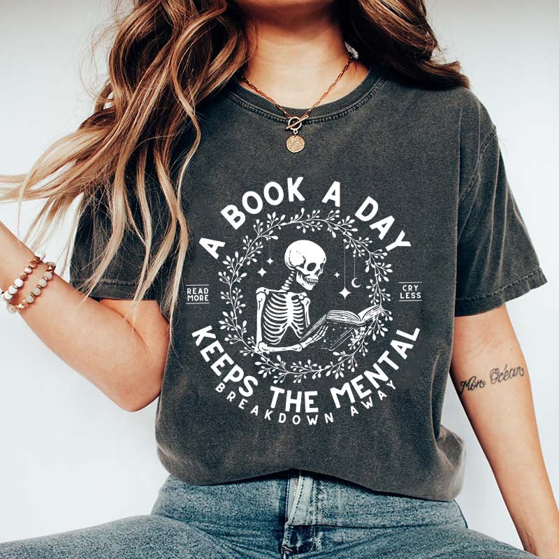A Book a Day Skeleton Floral T-Shirt