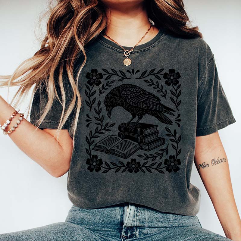 Retro Bookish Raven Linocut T-Shirt