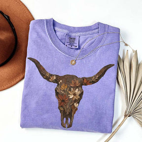 Brushstroke Floral Western Cow Skull T-Shirt