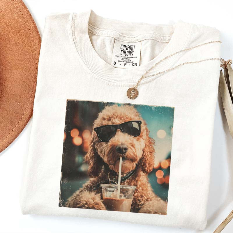 Cute Goldendoodle Drinking Iced Coffee T-Shirt