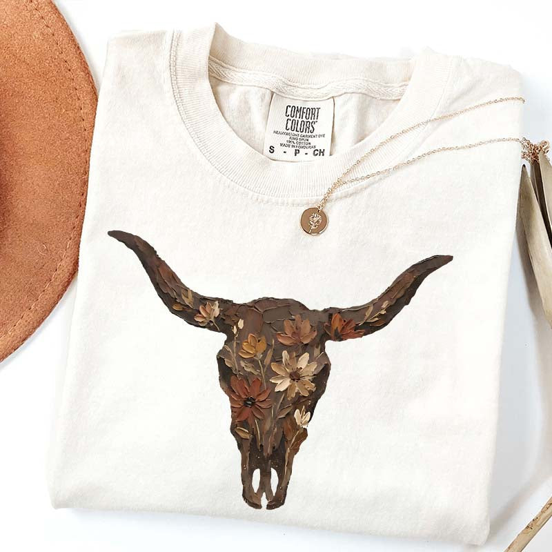 Brushstroke Floral Western Cow Skull T-Shirt