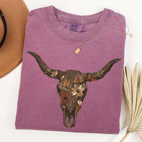 Brushstroke Floral Western Cow Skull T-Shirt
