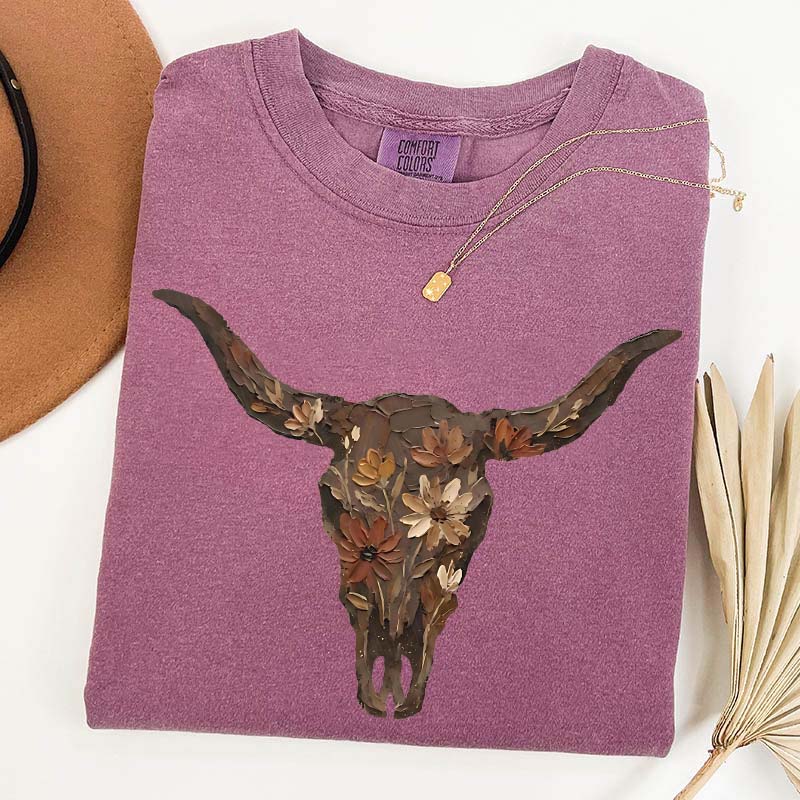 Brushstroke Floral Western Cow Skull T-Shirt