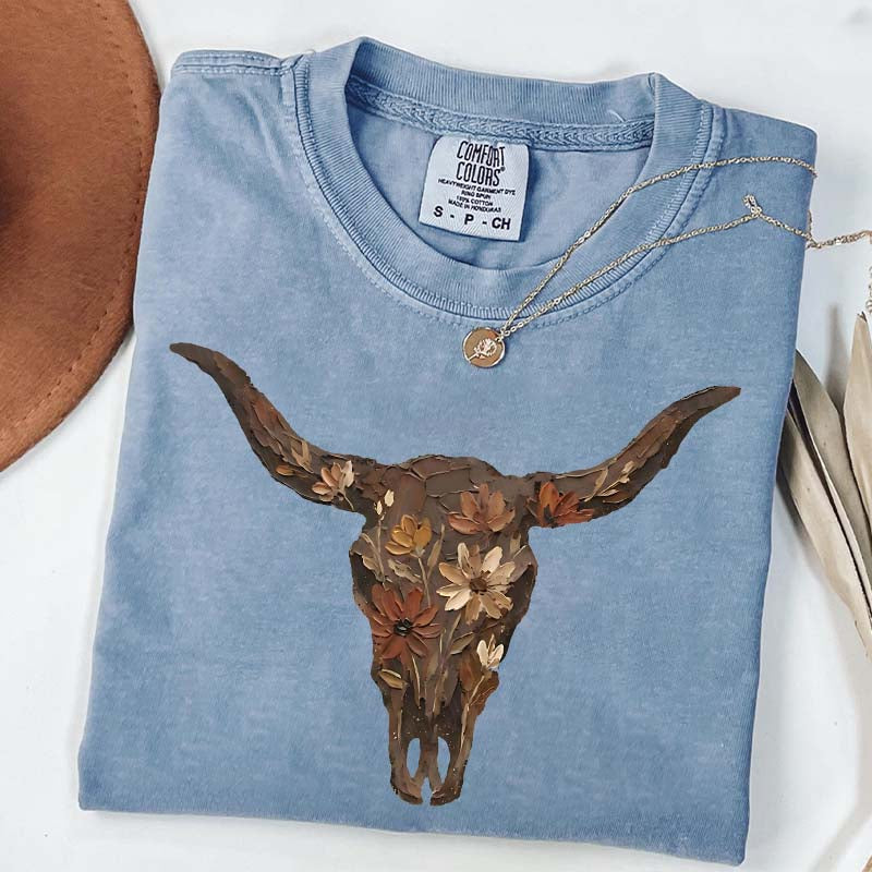 Brushstroke Floral Western Cow Skull T-Shirt