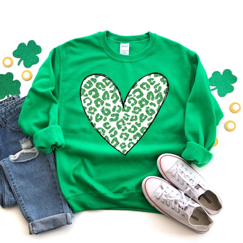 St Patrick Tagesgrün-Glitter-Leopard-Herz-Sweatshirt